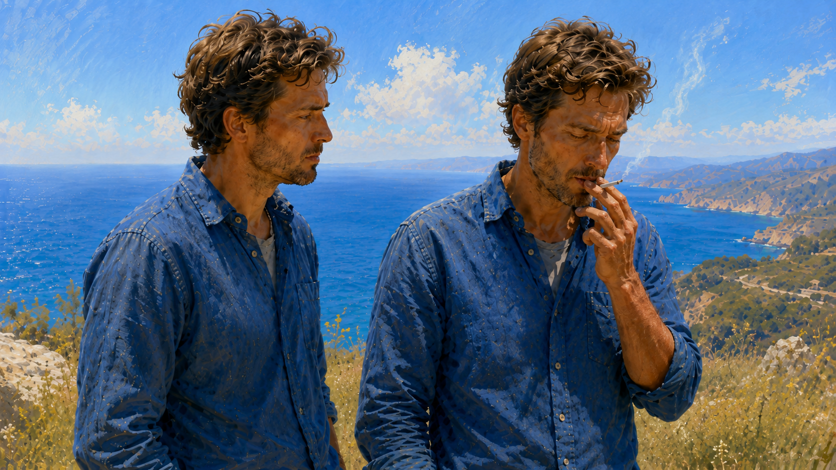 One self observing another self smoking by the sea, representing inherited patterns and conscious self-observation.