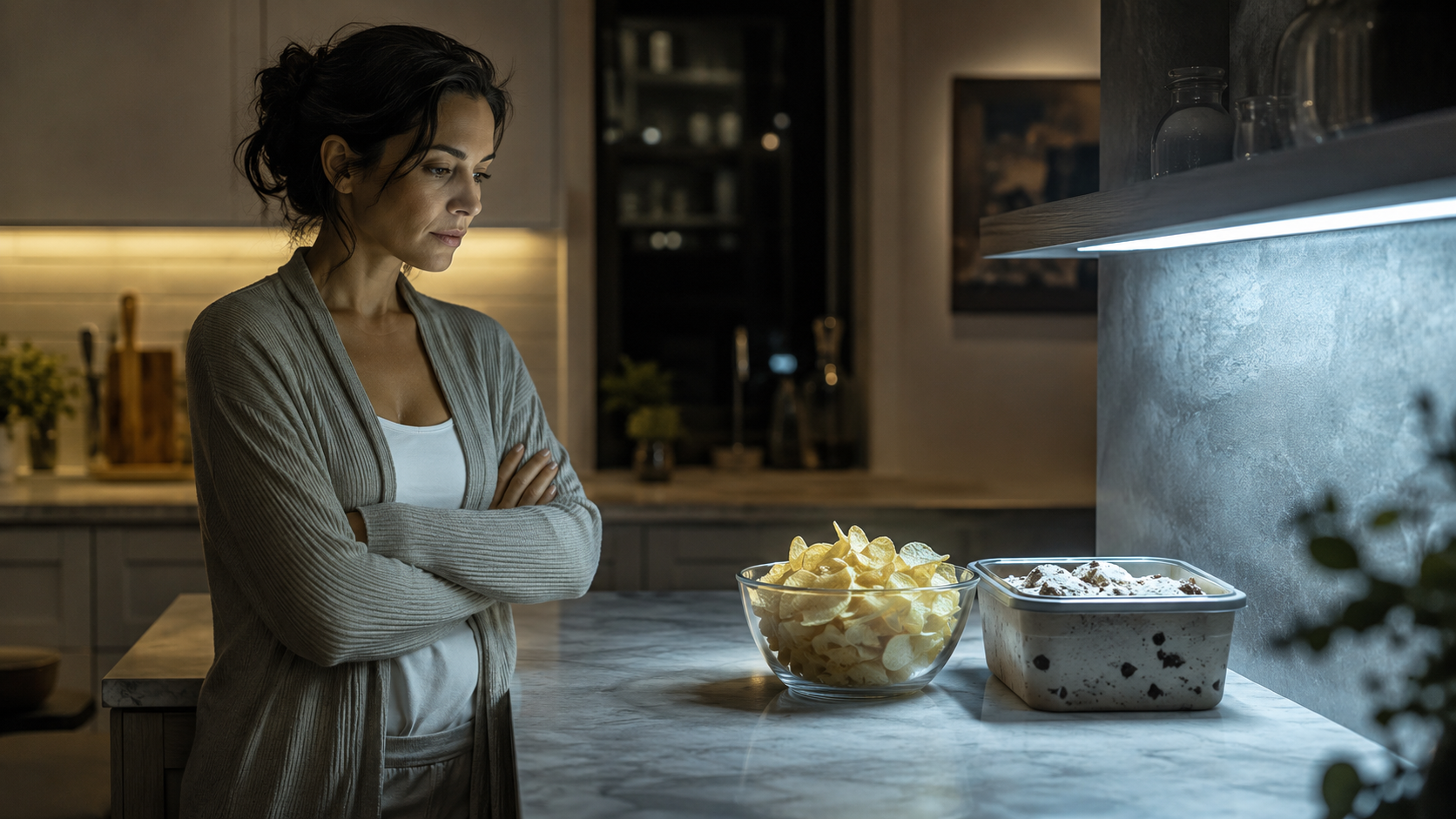 A person seeing junk food in a new way, representing a change in meaning and the end of craving.