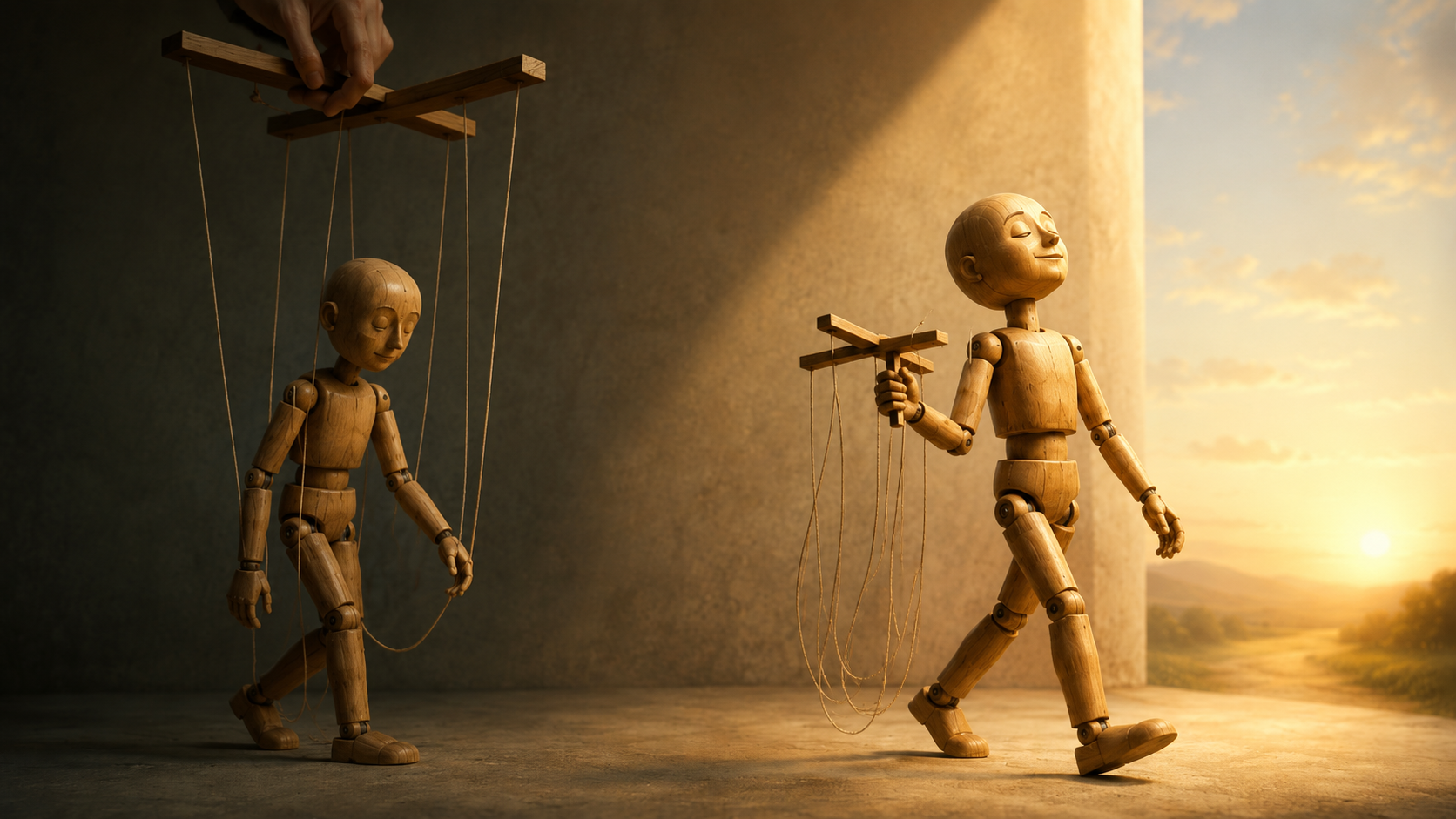 A wooden puppet moving from being controlled by strings to holding the controls itself, symbolising chosen behaviour and self-directed change.