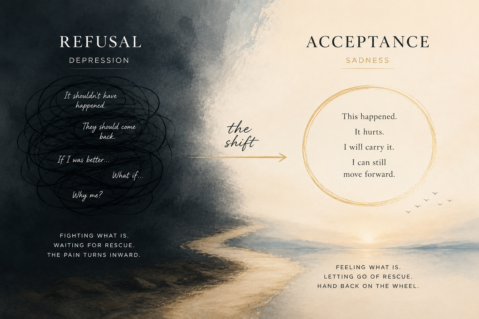 A conceptual illustration showing the shift from refusal and depression to acceptance and sadness
