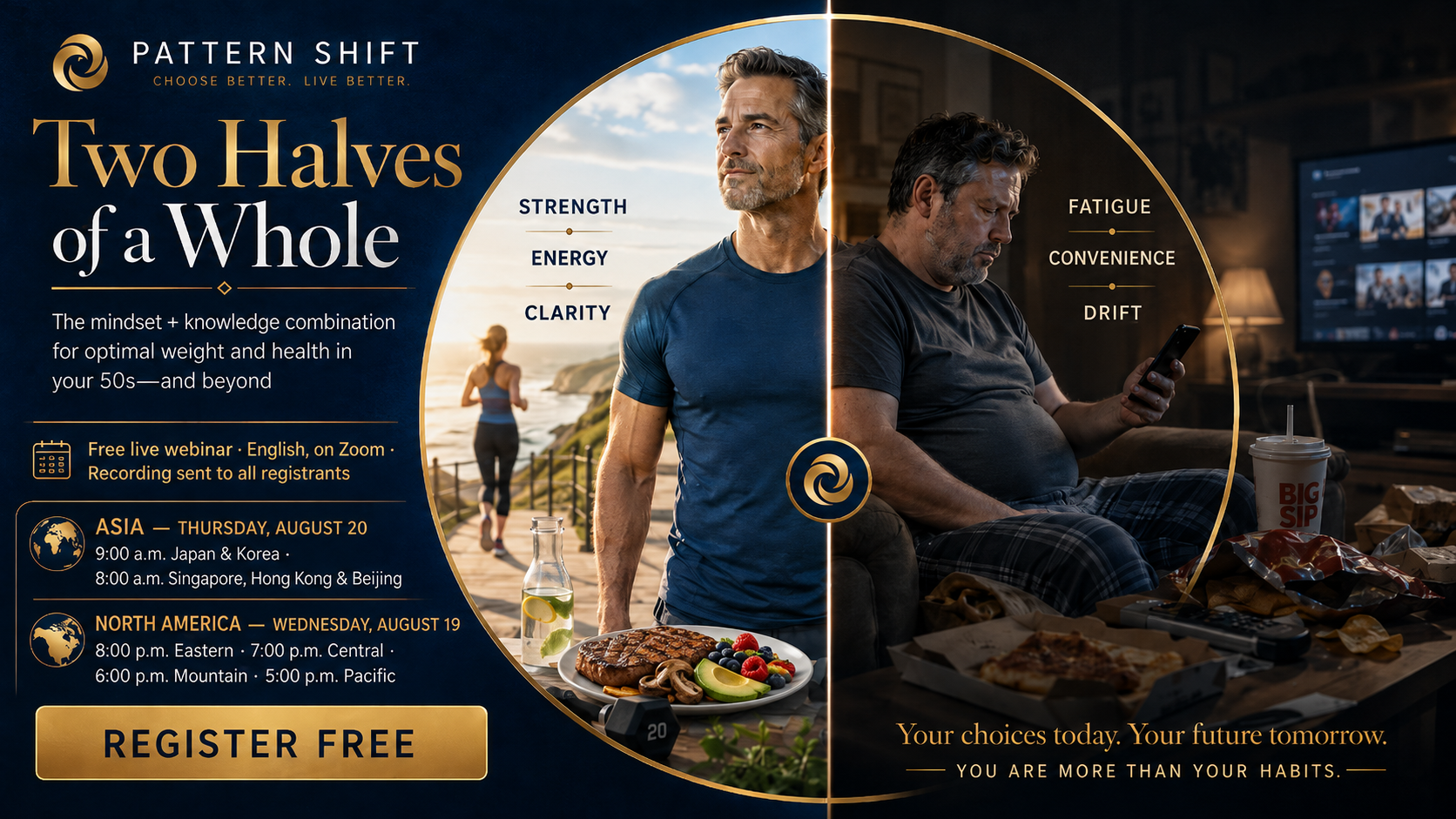 Two Halves of a Whole webinar: optimized health habits compared with standard behaviours, with dates and times for Asia and North America
