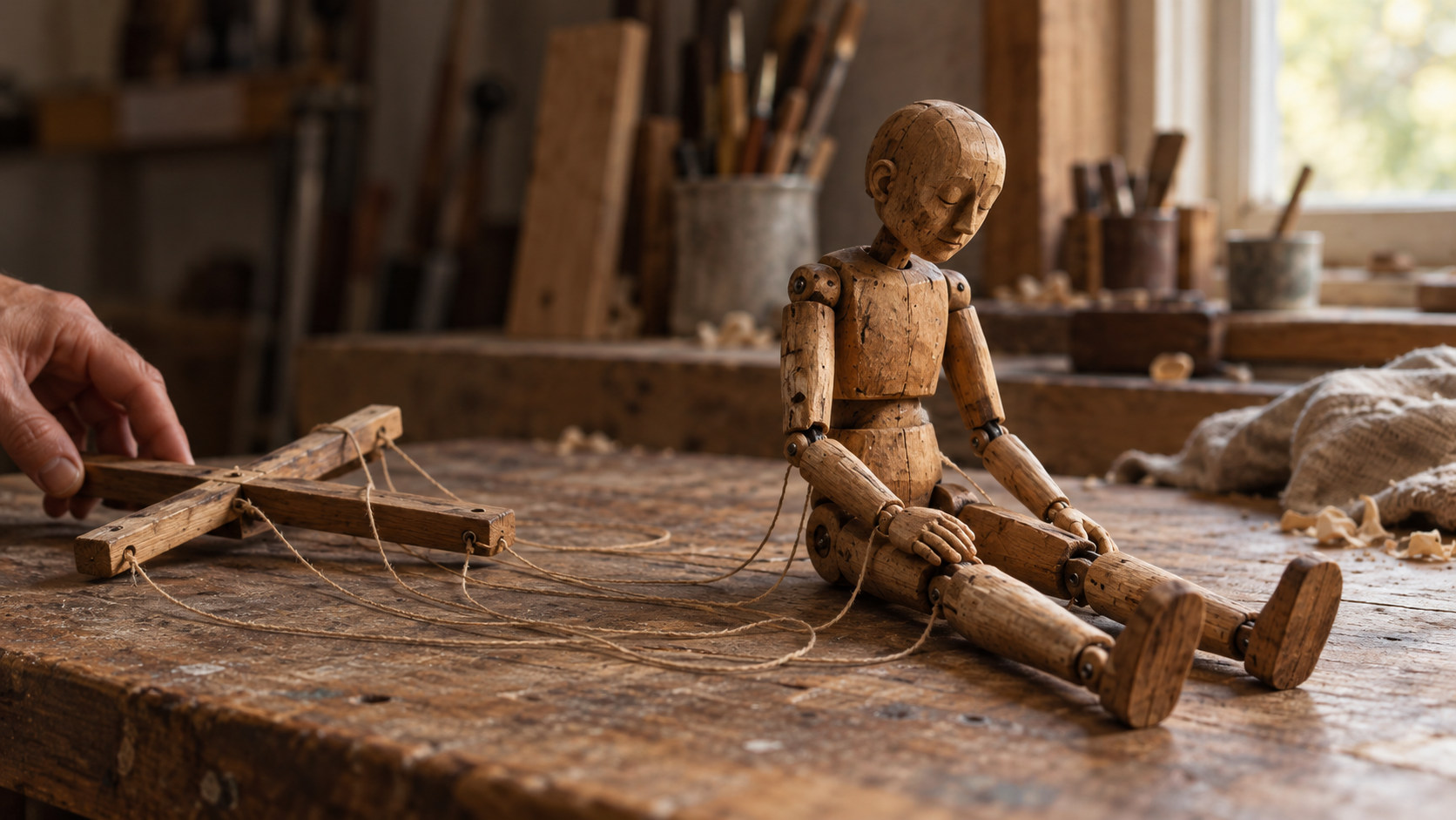 Editorial illustration of a worn wooden marionette resting with slack strings
