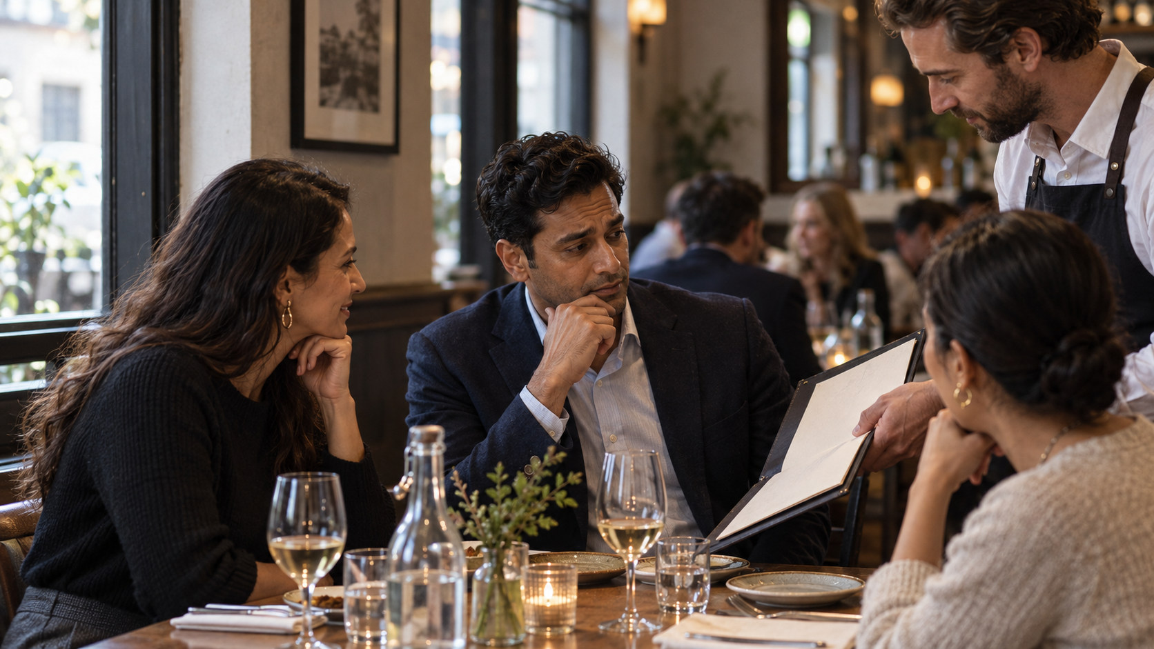 Editorial illustration of a restaurant guest pausing over a wine list among friends