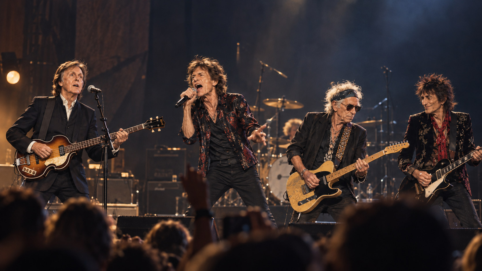 Editorial illustration of older musicians sharing a small concert stage