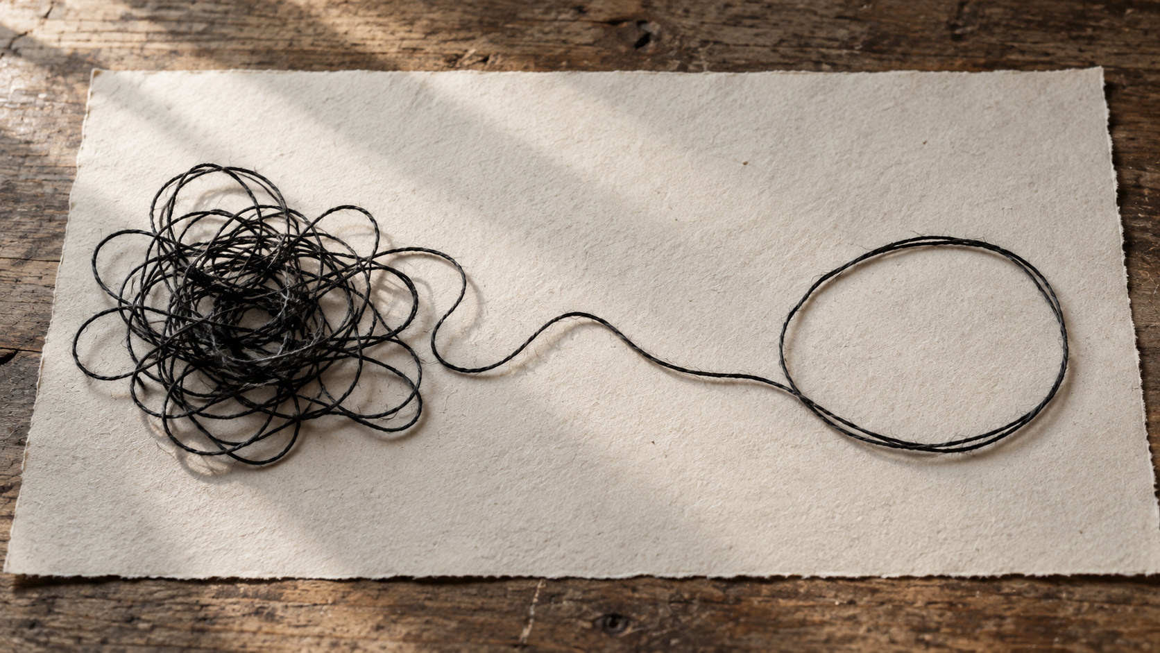 Editorial illustration of tangled black thread opening into a loose loop on textured paper