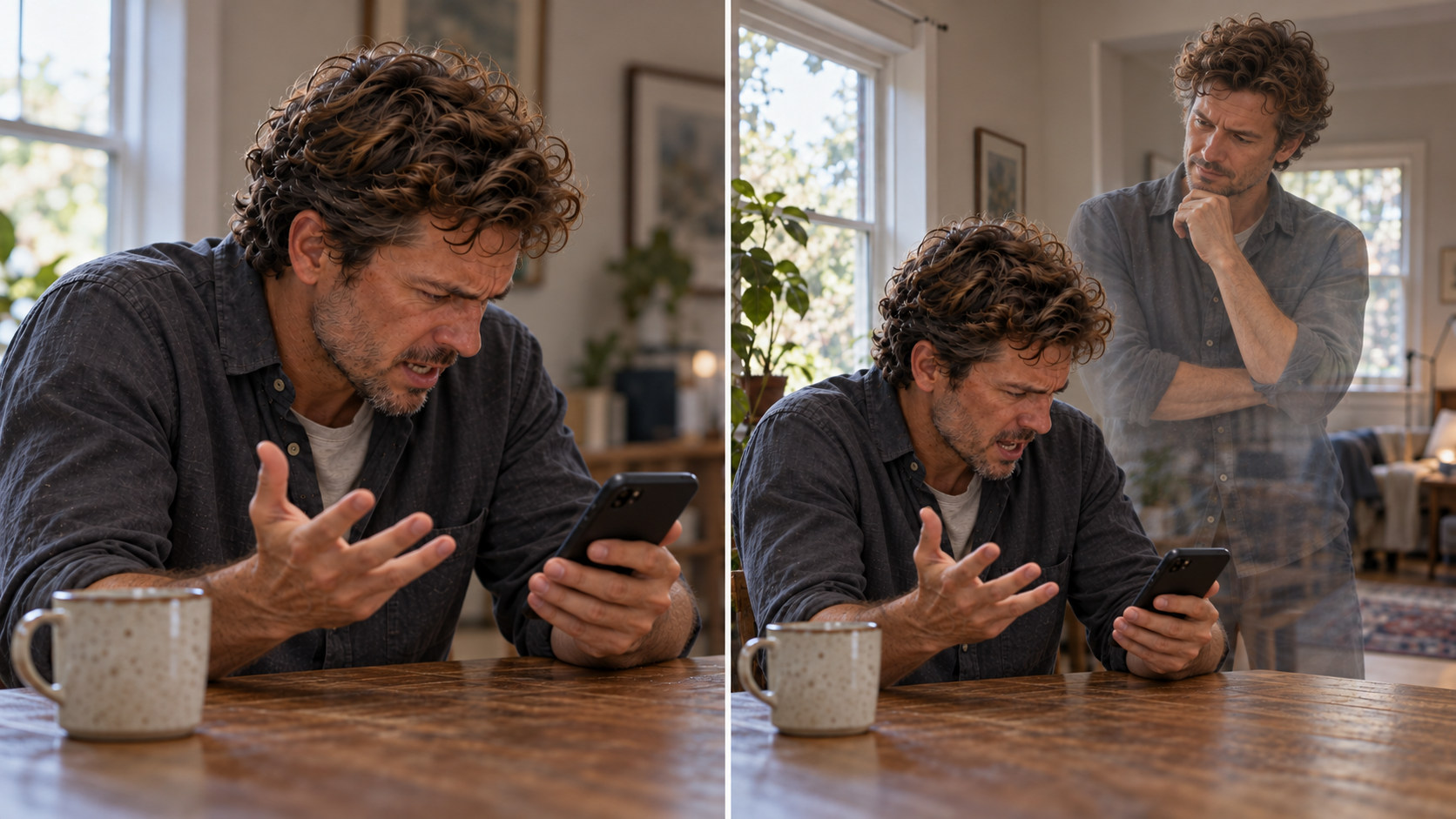 Editorial split image: a man acting out emotion, and a detached observer version of himself examining the same reaction